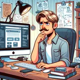 ChatGPT Generated image with the following prompt: animated style illustration a software engineer with short blonde hair and a mustache, in a workspace. You can see the slightly conflicted and dissatisfied expression as you write your blog, surrounded by notes and sketches of various blog designs.